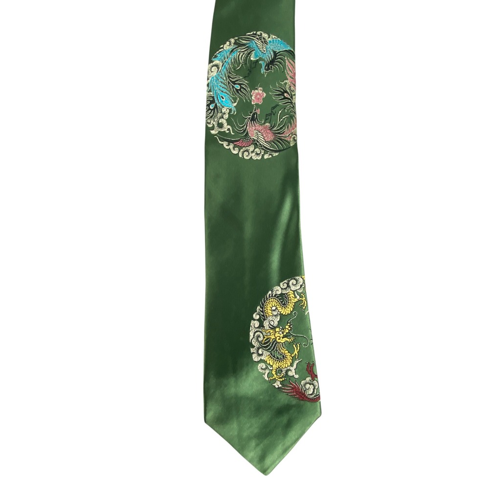 Golden Tripod Mens Dragon Phoenix Tie Green Silk Embroidered Shanghai Asian 53x3